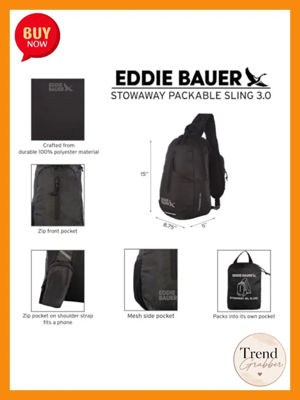 Eddie Bauer Stowaway Packable Sling Bag 10L Ripstop Nylon Travel Hiking